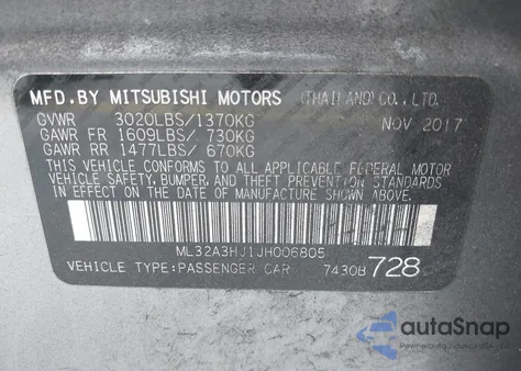 2018 Mitsubishi Mirage Es из США, поврежденный, VIN ML32A3HJ1JH006805